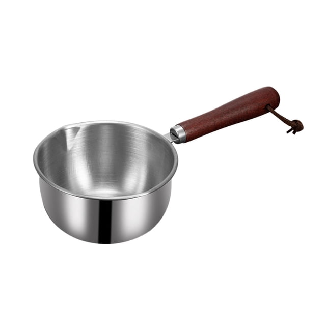 EGNMCR 304 Three-layer Steel Thickened Hot Oil Small Pot, a stainless steel cooking pot with a deepened design to minimize oil splashing. Features a polished steel finish, a comfortable wooden handle with a lanyard for hanging, and an internal scale for precise oil measurement. Ideal for warming milk, melting butter, making syrups, or heating small portions of soups and sauces. Suitable for dorms, RVs, and home kitchens.
