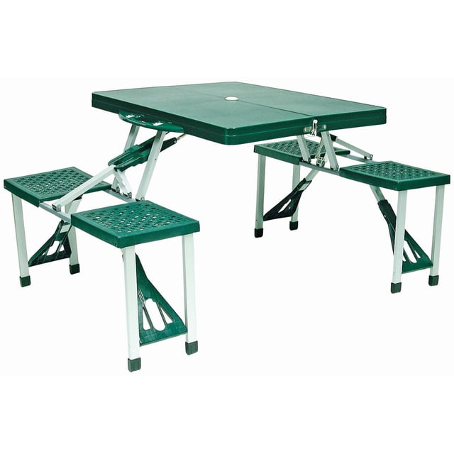 World Famous Green Folding Portable Picnic Table Set - 4 Person - Great for Kids with a green plastic rectangular tabletop featuring a central hole, supported by a silver metal frame with four attached green plastic seats, folding compactly into a briefcase for portability, suitable for indoor and outdoor kids' furniture use.