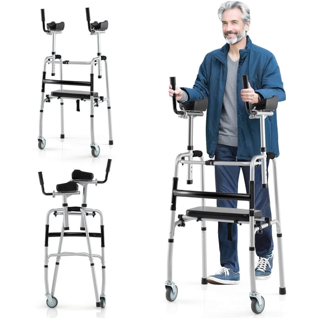 Costway Polyvalent à Roulettes Walker Tout-Terrain Assistance au Debout Walker avec 2 Roues Haut de Gamme en Argent. Doté d'Un Cadre en Alliage d'Aluminium Léger Pesant 15 Lb, Conception Pliable pour un Rangement Facile, et Longueur et Hauteur des Accoudoirs Ajustables (41 Pouces-45 Pouces). Comprend 2 Roues avant Universelles pour un Mouvement Fluide sur Diverses surfaces, un Coussin de Siège Rembourré Doux Relevable, et des Accoudoirs Ergonomiques avec Poignées Rembourrées. Convient aux Soins Postopératoires, à la Réadaptation et aux Voyages en Plein Air. Dimensions : 22 Pouces x 19 Pouces