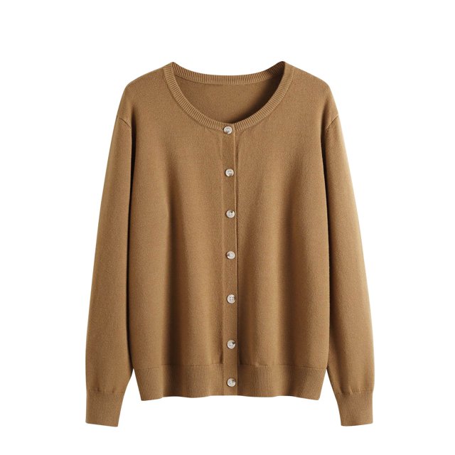 Cameland Cardigan Veste Chandail Uni à Col Rond pour Femmes, Couleur camel, avec Col Rond, Manches Longues et Fermeture à Boutons. Fabriqué en Tissu polyester Léger, Idéal pour un Port Décontracté et Stylé au Printemps et en Été. Parfait à Agencer avec des jeans, des Robes Ou des Jupes.