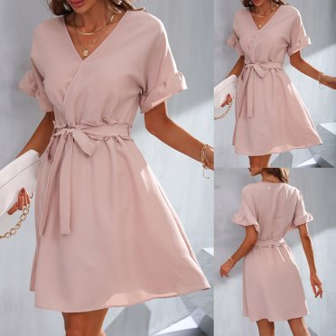 EGNMCR Summer Dresses Women Trendy 2024 Fashion Women V-Neck Casual Solid Color Short Sleeve Straps Dress