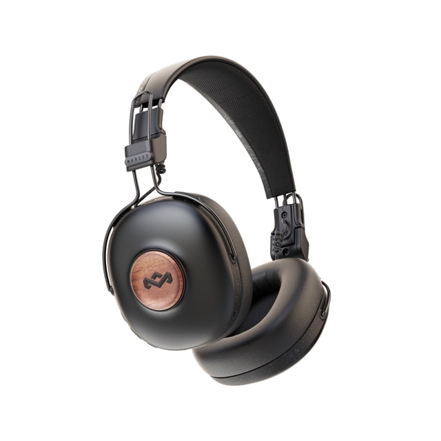 House of Marley Positive Vibration Frequency over-ear Bluetooth wireless headphones featuring a sleek black design with FSC-certified wood accents on the earcups. These headphones include 40mm dynamic drivers for hi-fi audio, plush memory foam ear cushions, and a padded headband for premium comfort. They offer 34 hours of battery life, quick-charge technology, and compatibility with iOS and Android devices. The foldable design and onboard microphone add convenience for hands-free calling and easy storage.