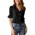 thumbnail image 1 of INSPIRE CHIC Blouse en Mousseline Semi-Transparente pour Femme à Volants, Col en V, Manches Bouffantes au Coude, 3TG, Noir, 1 of 7