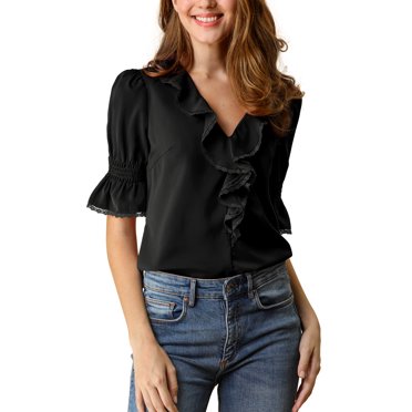 INSPIRE CHIC Women's Ruffled V Neck Puff Elbow Sleeve Semi-Sheer Chiffon Blouse L Black