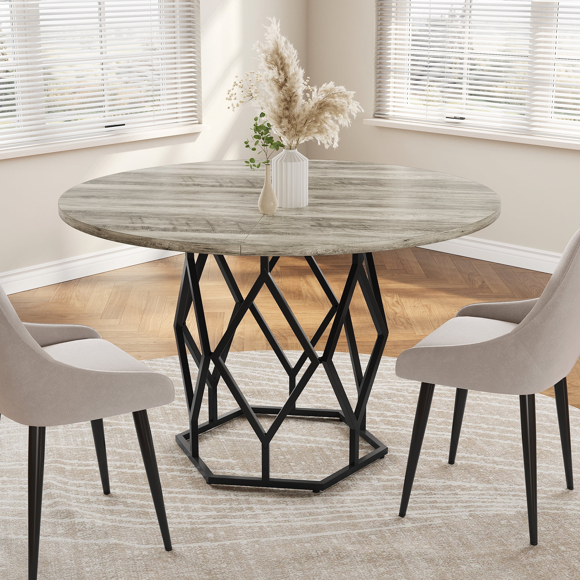 Kojooin 47 in Round Dining Table for 4 to 6, Kitchen and Dining Room Table with Metal Base for Home Use