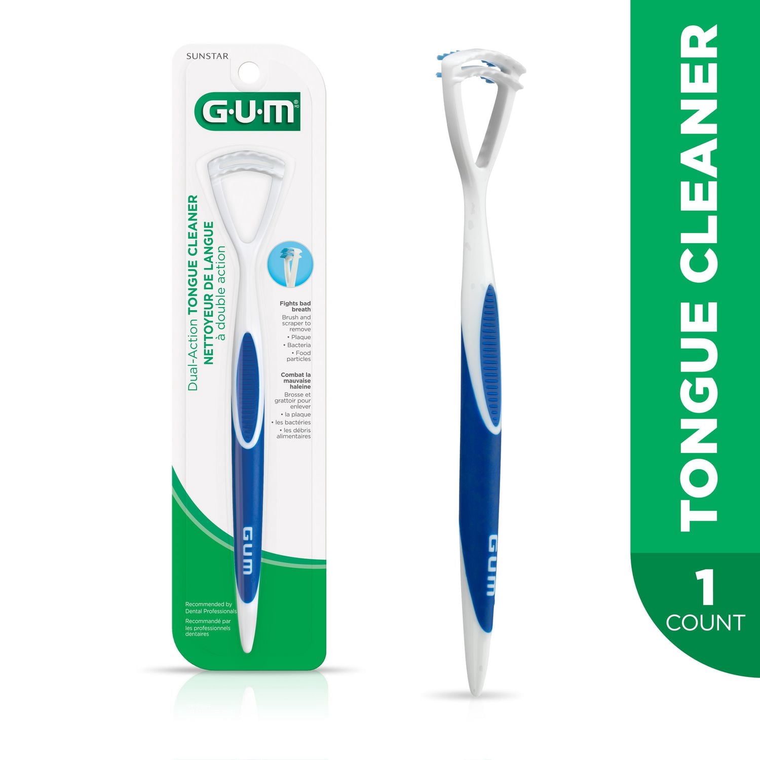 GUM® Dual-Action Tongue Cleaner Brush/ Scrapper, Fights Bad Breath, 1 Count