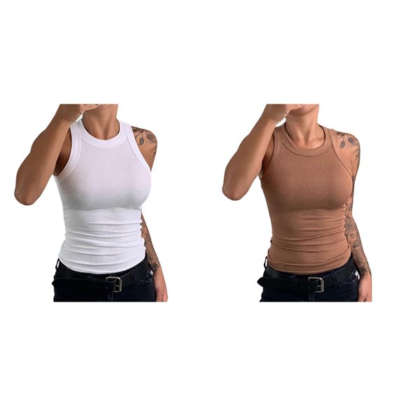 2 Pack(White 1PCS & Coffee 1PCS) Multipack Compression Top Men Women's Strap Tank Top 4X Women Clothes Trim Backless Vest Summer 2Xl Crop Tops Women Going Out Tops