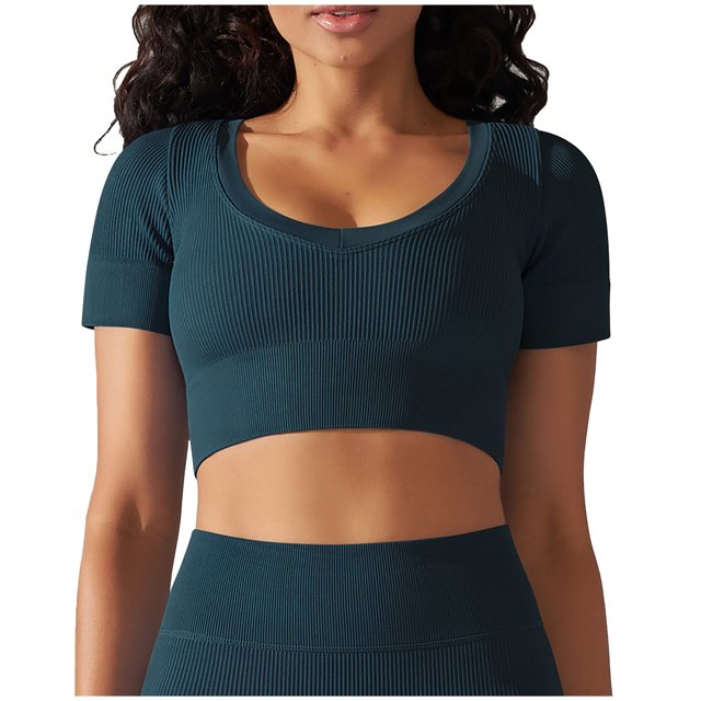 Besolor Womens Short Sleeve Cropped Workout Tops Round Neck Ribbed Knit Athletic Yoga Running Slim Fitted Gym Shirts