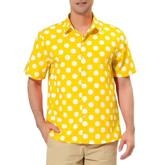 INSPIRE CHIC Men's Summer Polka Dots Shirt Button Down Short Sleeves Pattern Shirts XL Yellow