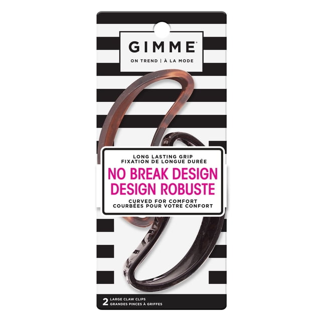 GIMME W CC Minimal Grand 2 Ct avec Deux Grandes Pinces Griffes en Noir et Écaille sur une Carte Rayée Noir et Blanc, Conçu avec un design Sans Rupture pour une Prise Durable et Incurvé pour le Confort, Convient à Tous les types de Cheveux et à Toutes les Épaisseurs.