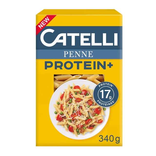 Catelli® Protein+™ Pâtes Penne Boîte de 340 g Jaune avec Marque Bleue, Présentant une Fenêtre avant avec des Pennes Non Cuites et une Assiette de Pennes Cuites avec des Tomates Cerises, des Pois et du Fromage, Offrant 17 g de Protéines d'Origine Végétale par Portion pour des Repas de Pâtes Santé.