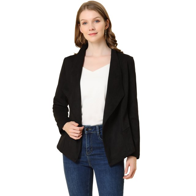 INSPIRE CHIC Blazer à Col Drapé en Faux Suède pour Femme, Manches Longues, Ouvert à l'Avant, Veste TG Noir