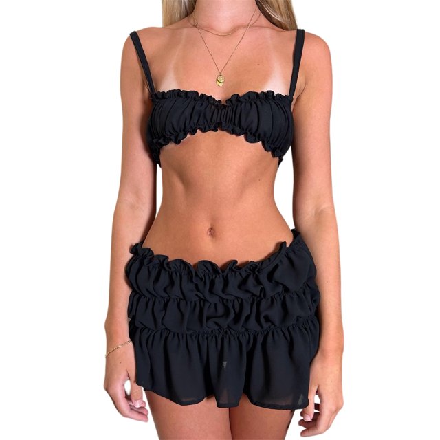 Gupgi Women's 2 Piece Solid Color Spaghetti Strap Frills Sleeveless Cami Tops Ruched Mini Skirts