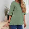 thumbnail image 2 of Hauts en Coton et Lin d'Été pour Femmes Manches à Volants Col Rond Couleur Unie Chemises Blouses Décontractées Confortables Basiques, 2 of 7