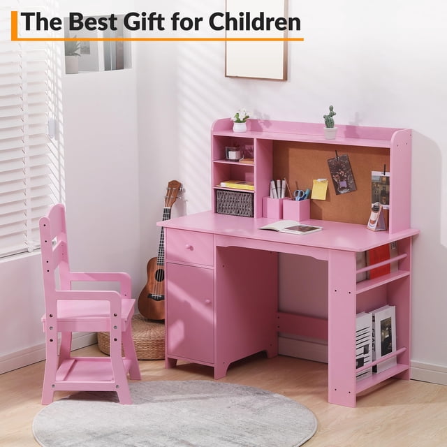EDTara Study Desk and Chair Set for Children, Study Table for Kids - Features Bookshelf, Bulletin Board, Cabinets and Drawer, Pink