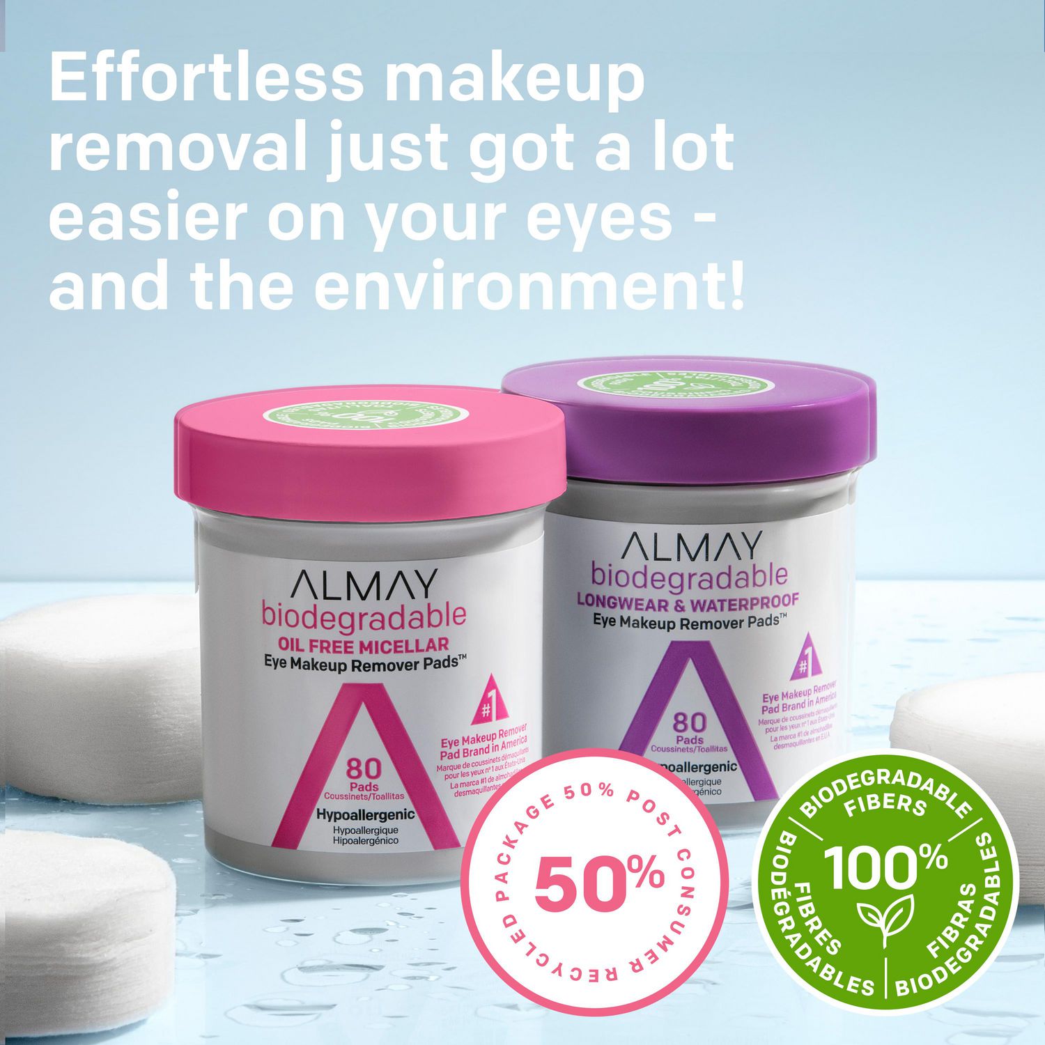 Almay Tampons Démaquillants pour les Yeux Biodégradables Longue Tenue & Hydrofuges, Lingettes Maquillage Hydrofuge