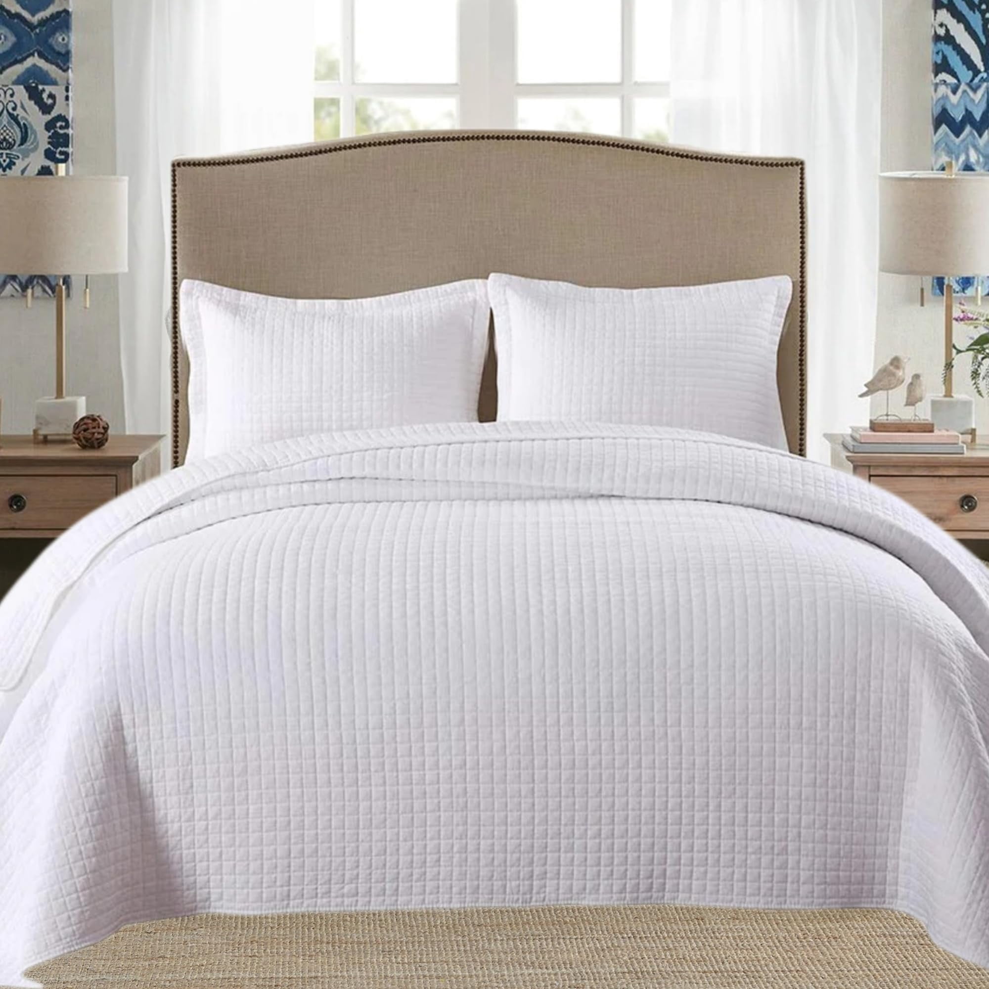 MarCielo 3 Piece 100% White Cotton Quilt Set Lightweight Bedspread Bed Coverlets Comforter Set, Check (Queen)