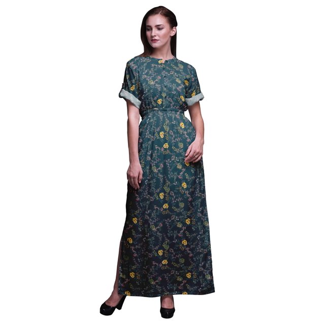 Bimba Robe Longue Maxi en Rayonne à Imprimé Floral de Feuilles pour Femmes avec Fente Latérale-Petit