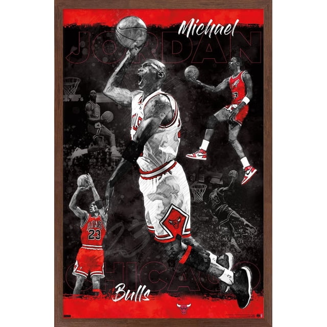 Michael Jordan - Sketch Wall Poster, 22.375" x 34" Framed featuring multiple sketches of Michael Jordan in Chicago Bulls red and white jerseys performing basketball moves like dunking and shooting, set on a black and red background with Bulls logo and bold text.