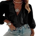 thumbnail image 1 of Women Button-down Ruffle Shirt Solid Color V-neck Long Sleeve Blouse, 1 of 6