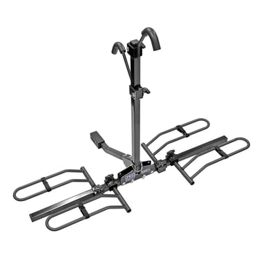 Reese Bike Rack 63134 Explorer; 1-1/4 Inch And 2 Inch Receiver Hitch Mount; Holds 2 Bikes; Up To 90 Pound Weight Capacity; Bike Tire Clamp; Without Lock; Foldable; Powder Coated Black; Steel