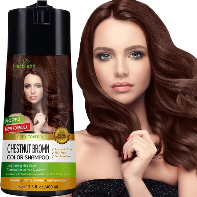 Herbishh Hair Color Shampoo in Chestnut Brown, a 400ml bottle of ammonia-free, PPD-free, and paraben-free dye shampoo and conditioner. The product is enriched with keratin, argan oil, noni fruit, olive oil, and wild ginseng to nourish and revitalize hair while providing full grey coverage. Suitable for men and women, this unisex hair dye shampoo promotes healthy hair growth and leaves hair soft, silky, and vibrant.