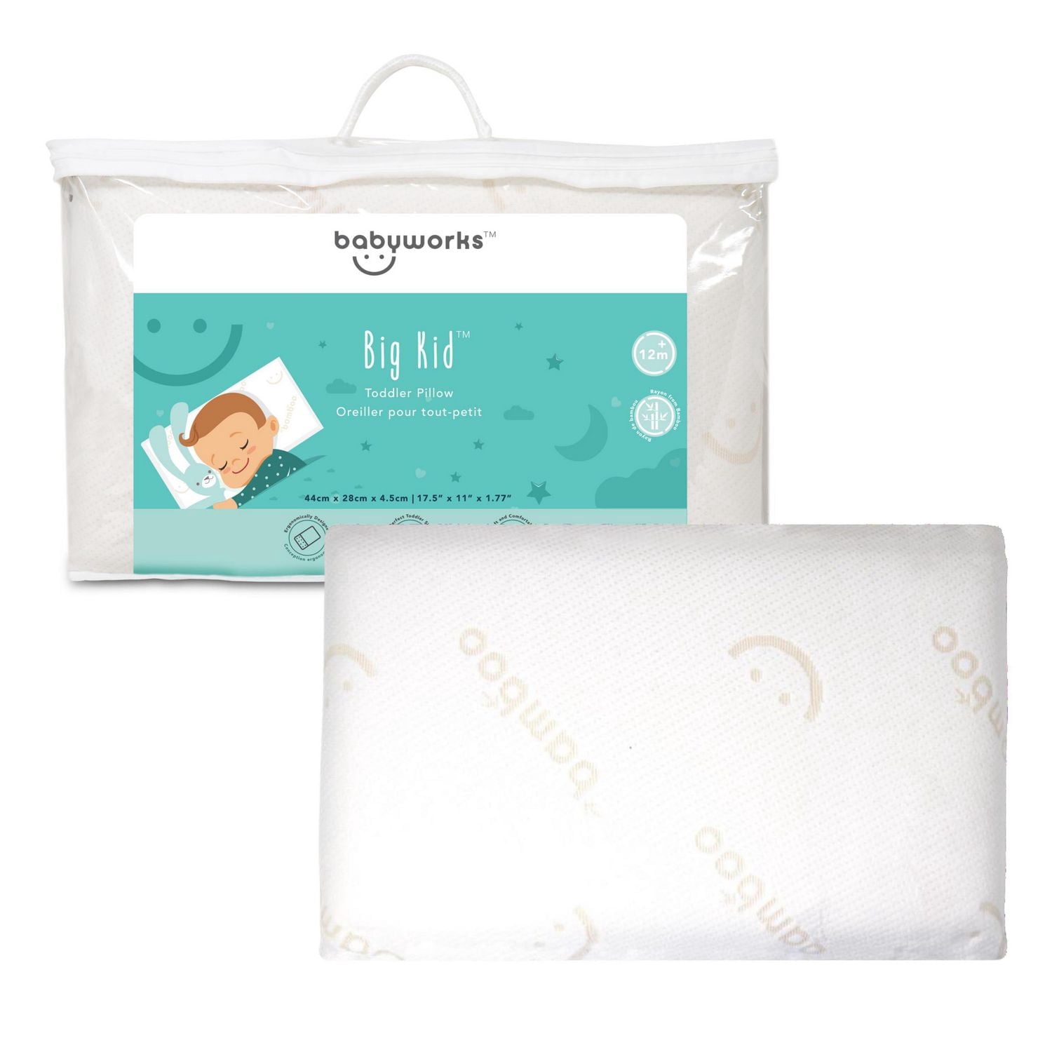 Babyworks™ Big Kid Pillow with Bamboo Pillowcase - Soft, Supportive and Breathable Memory Foam with Hypoallergenic Bamboo Cover, Washable and Removable Cover.