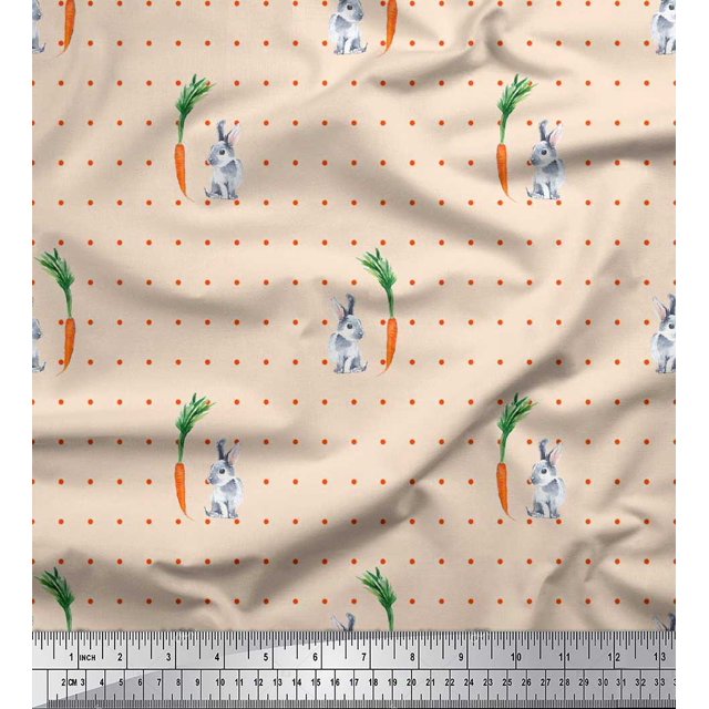 Soimoi Japan Crepe Satin Fabric Carrot & Rabbit Dots Fabric Prints By Yard 42 Inch Wide