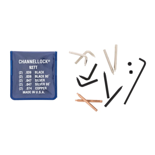 CHANNELLOCK Ensemble Universel de 5 Embouts avec Embouts Droits Interchangeables et à 90 Degrés en Finitions Noir, Argent, Cuivre et beige, Conçu pour des Pinces Anneaux de Retenue Convertibles de 8 Pouces, Montré avec une Pochette de Rangement en Vinyle Bleu Étiquetée avec les Tailles et Couleurs des Embouts, Fabriqué aux É.-U., Convient aux Ensembles d'Outils Manuels pour l'Amélioration de la Maison.