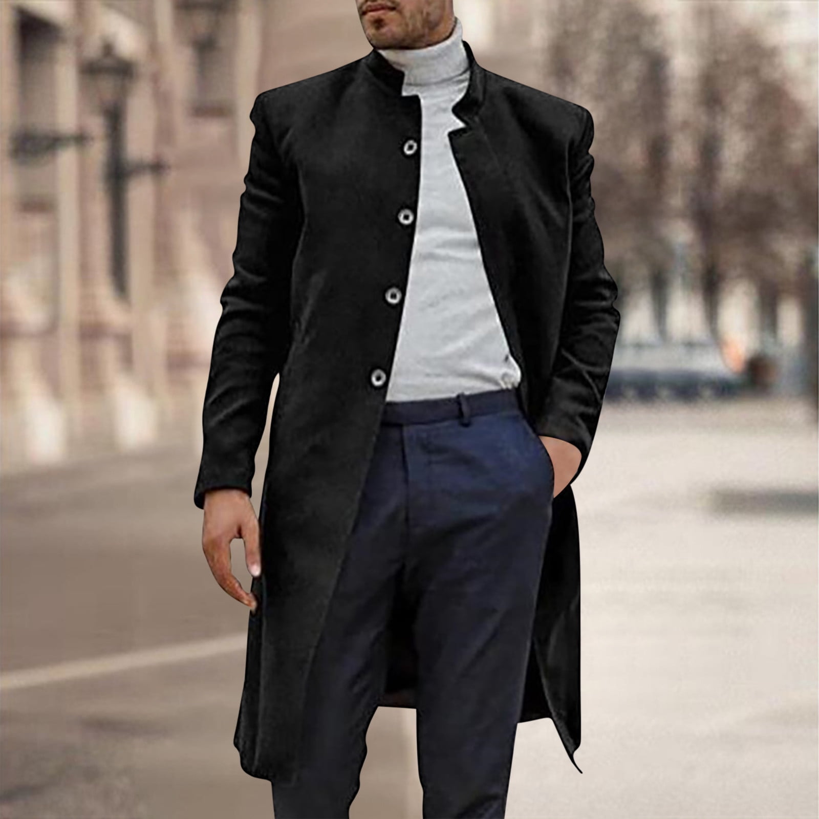 mens black winter dress coat Trench Stand Mandarin Collar Single Breasted Long Peacoat Overcoat Full Length Trench Coat Windbreaker Wool Coat Men Mens Black Long Sleeve Dresses and Jumpsuits ensuring both warmth and Size:18w