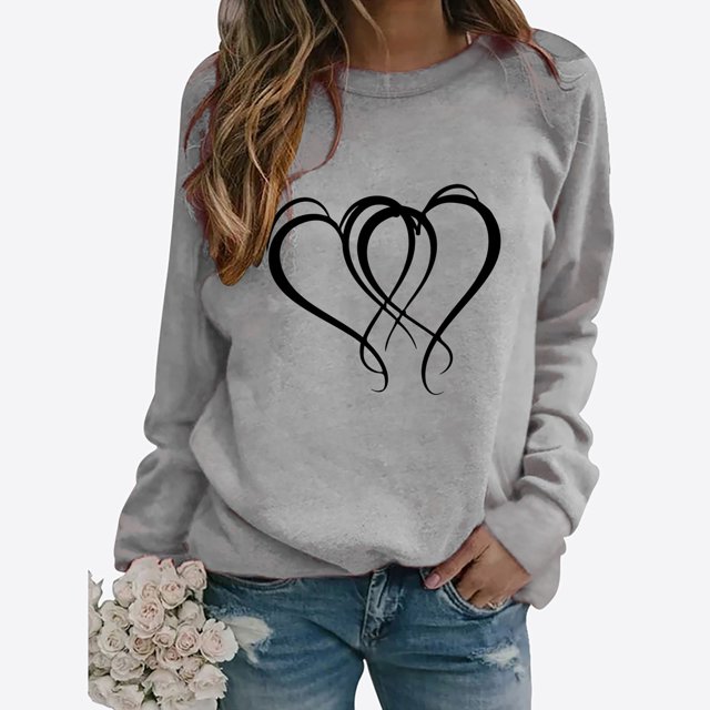 Meichang T-Shirts Mignons de la Saint-Valentin pour Femmes, T-Shirts Graphiques Mignons avec Cœur, Manches Longues, Col Rond, Hauts Mignons, Coupe Ample, Chandail Molletonné à Enfiler pour les Fêtes