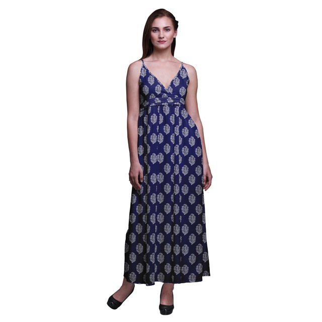 Bimba Robe Longue Maxi d'Été à Bretelles Spaghetti Ajustables Imprimée au Bloc - Grande
