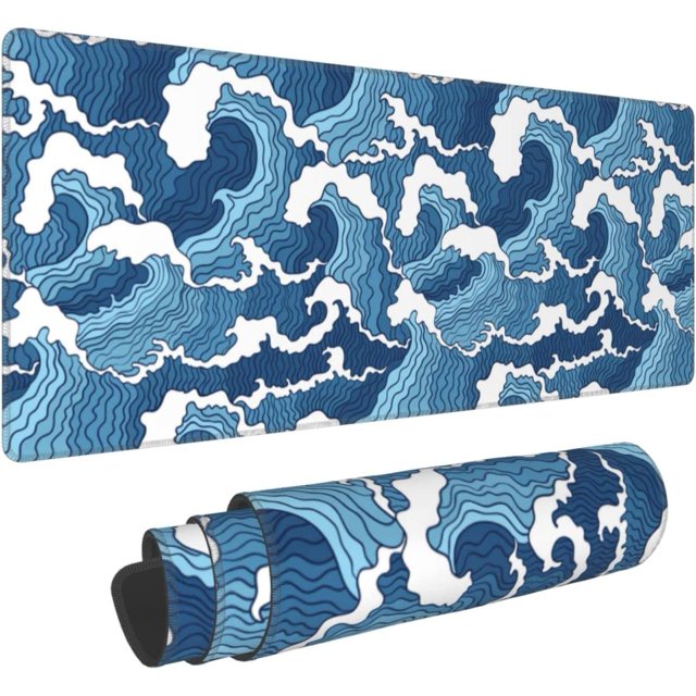 Japanese Blue and White Wave Extended Mouse Pad 31.5x11.8 Inch Wave Desk Mousepad Extended Large Non-Slip Rubber Base Waterproof Big Keyboard Mat with Stitched Edges for Gaming and Office