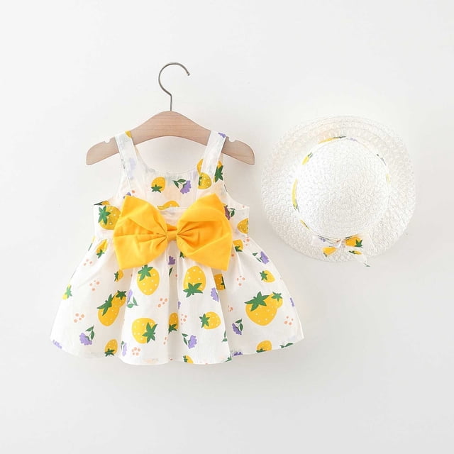 Robe pour Bébé Fille Robe Tutu pour Bébé Fille Sans Manches Robes d'Été pour Filles avec Chapeaux 2 Pcs Robe de Fée Tout-Petit 3-4 Ans