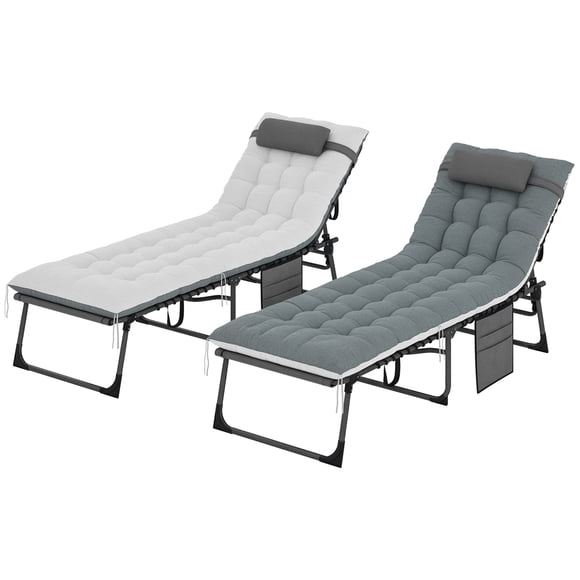 Outsunny Folding Outdoor Lounge Chair Set of 2, Side Pocket, Grey