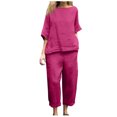 thumbnail image 1 of Timegard Ensemble 2 Pcs Grande Taille pour Femmes Manches 1/2 Col Rond Hauts Décontractés Amples Pantalons Raccourcis avec Poches Ensembles, 1 of 7