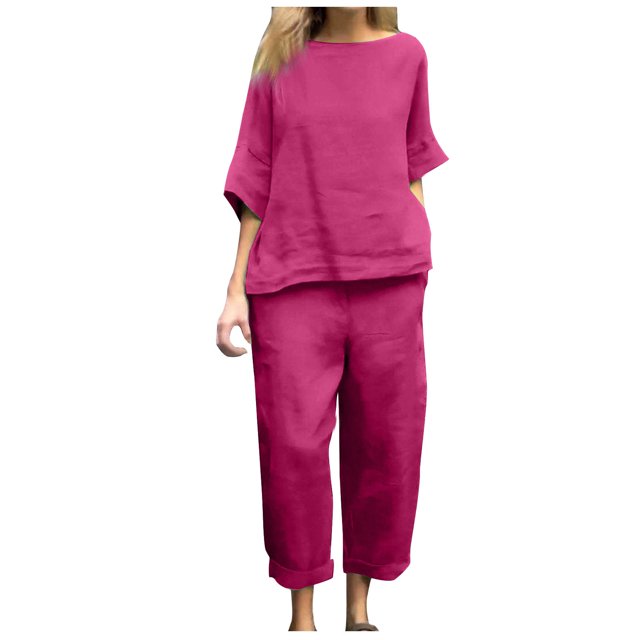 Timegard Ensemble 2 Pcs Grande Taille pour Femmes Manches 1/2 Col Rond Hauts Décontractés Amples Pantalons Raccourcis avec Poches Ensembles