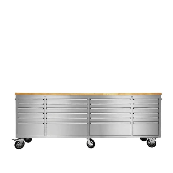 96" Stainless Steel Rolling Workbench, Rubberwood Tabletop, 24 Lockable Drawers, Locking Wheels, TMG-WB9624S
