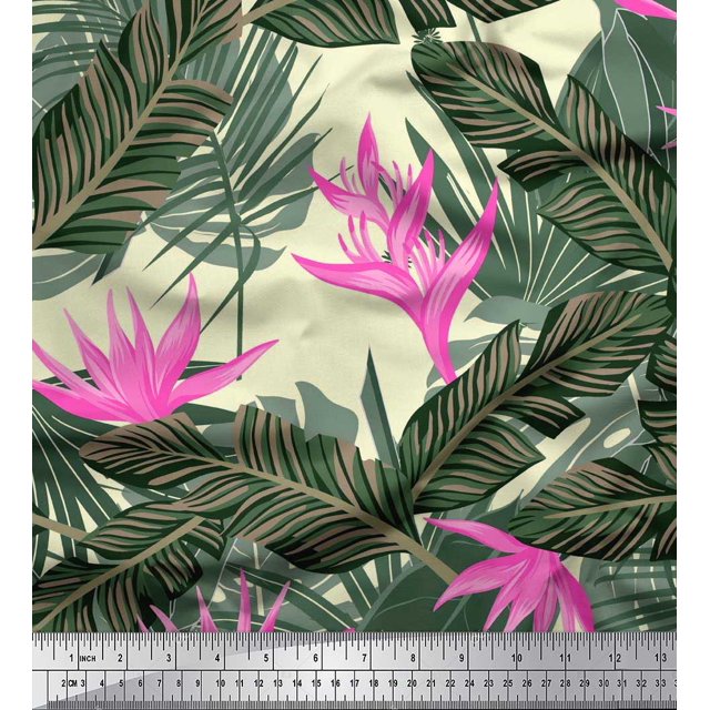 Soimoi Tissu en Coton Cambric Imprimé Floral & Feuilles Tropical au Mètre 42 Pouces de Large