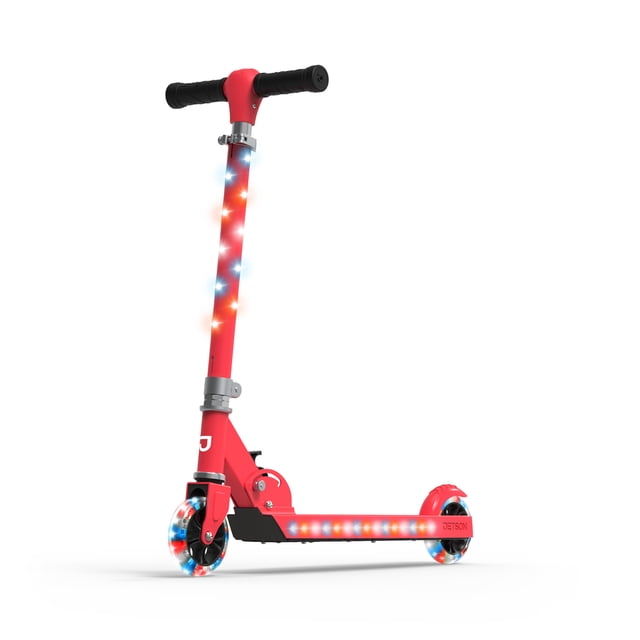 Jetson 2 Wheel Light Up Scooter Adjustable Kick Ride On Toy for Kids, Red. A sleek red kids' scooter with LED lights on the wheels and stem for visibility and fun. Features include a wide anti-slip deck, adjustable handlebar, rear foot brake for safety, and a lightweight, foldable frame for convenient storage. Ideal for ages 5+.