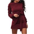 thumbnail image 2 of CEHVOM Fashion Women Autumn Solid Belt Long Sleeve Translucent O-Neck Mini Derss, 2 of 6
