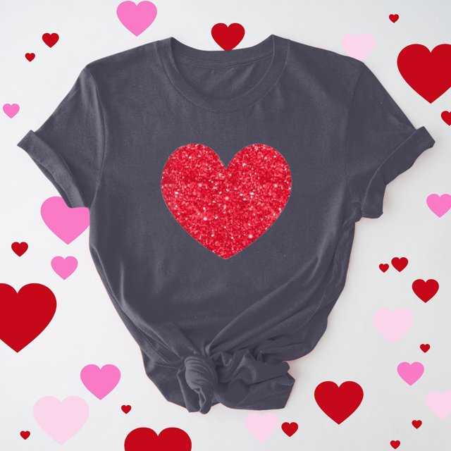 Meichang T-Shirts de la Saint-Valentin pour Femmes Hauts Mignons Imprimé Cœur Hauts Mignons Col Rond Manches Courtes Décontracté T-Shirts de Vacances Saint-Valentin