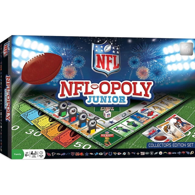 NFL Opoly Junior Jeu de Société avec un Plateau à Thème de Terrain de football, des Cartes de Propriété Colorées, des Pièces de Joueur avec des Autocollants de Casque d'Équipe de la NFL et des Cartes à Échanger, Jouez contre des Lumières de Stade et des Feux d'Artifice, Convient aux Soirées de Jeux en Famille.