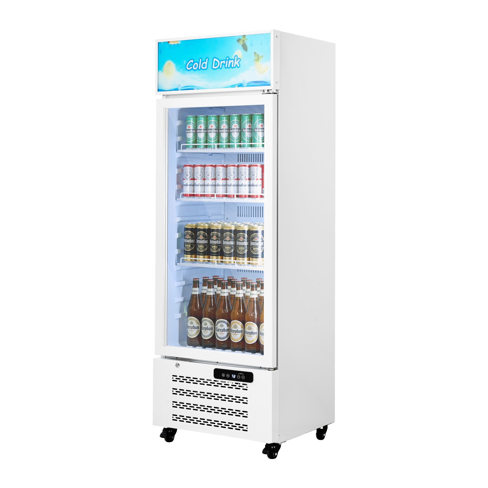 KFFKFF Commercial Merchandiser Refrigerator, 9.6 Cu.Ft / 273 L Glass Door Display Refrigerator, Upright Beverage Cooler with Customizable Lightbox, 4 Adjustable Shelves & Soft LED Light
