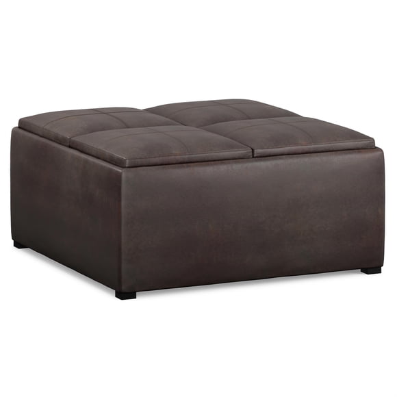 Simpli Home Avalon 35 inch Wide Square Coffee Table Lift Top Storage Ottoman with Four Flip Over Trays, Distressed Brown Faux Leather