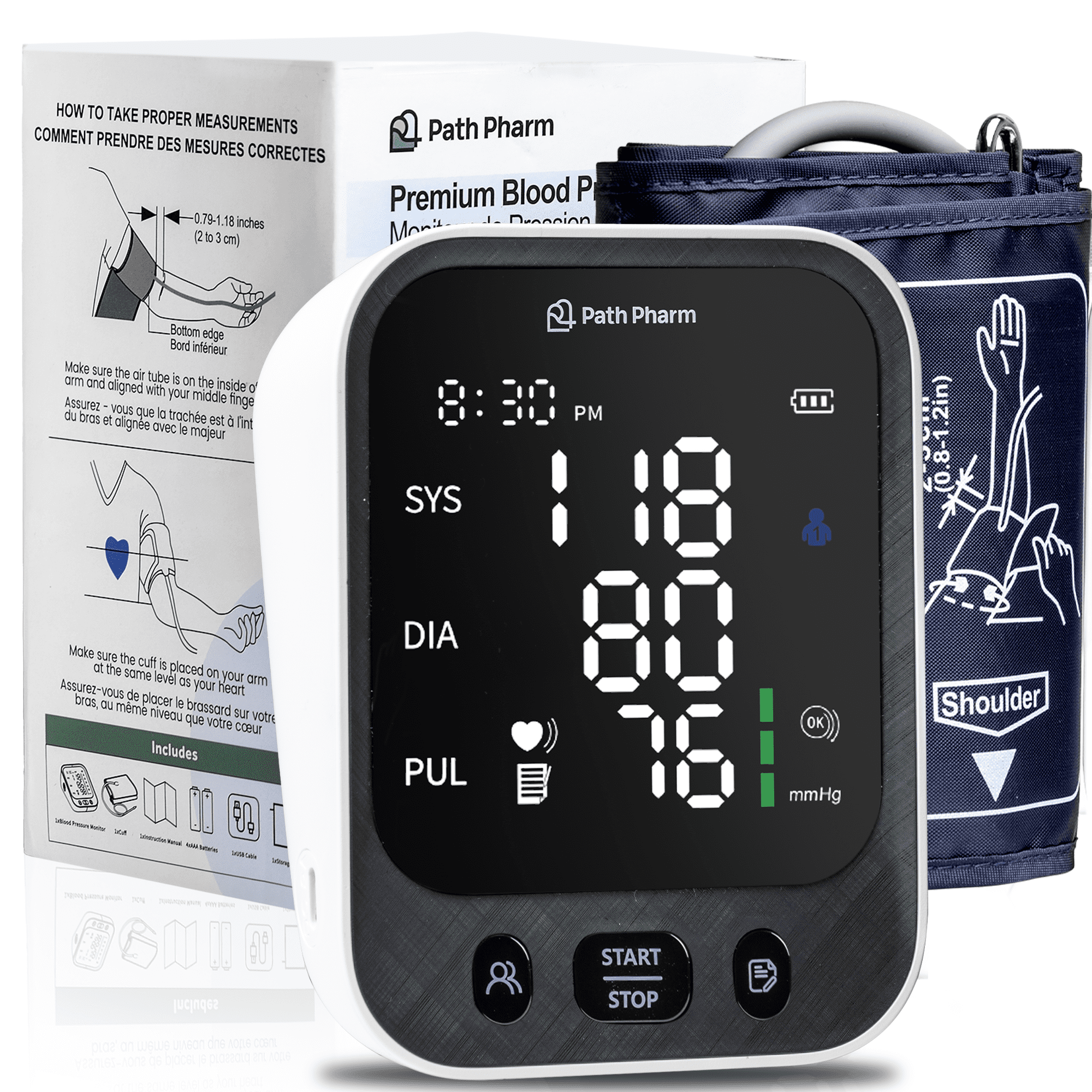Moniteur de Tension Artérielle Premium Path Pharm - Appareil de Tension Artérielle de Haute Précision pour Usage Domestique - Affichage LED Clair, Manchon Réglable 22-42 cm - Moniteur de Fréquence Cardiaque Automatique - Alimentation USB & Piles
