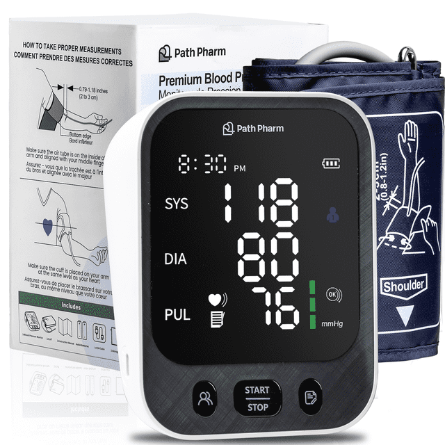 Path Pharm Premium Blood Pressure Monitor with a clear LED display showing systolic, diastolic, and pulse readings. Features an adjustable arm cuff (22-42cm), dual power options (USB-C and batteries), and advanced accuracy for home use. Includes memory storage for up to 199 readings across two user profiles. Ideal for monitoring heart health and high blood pressure. Package includes instructions and accessories.