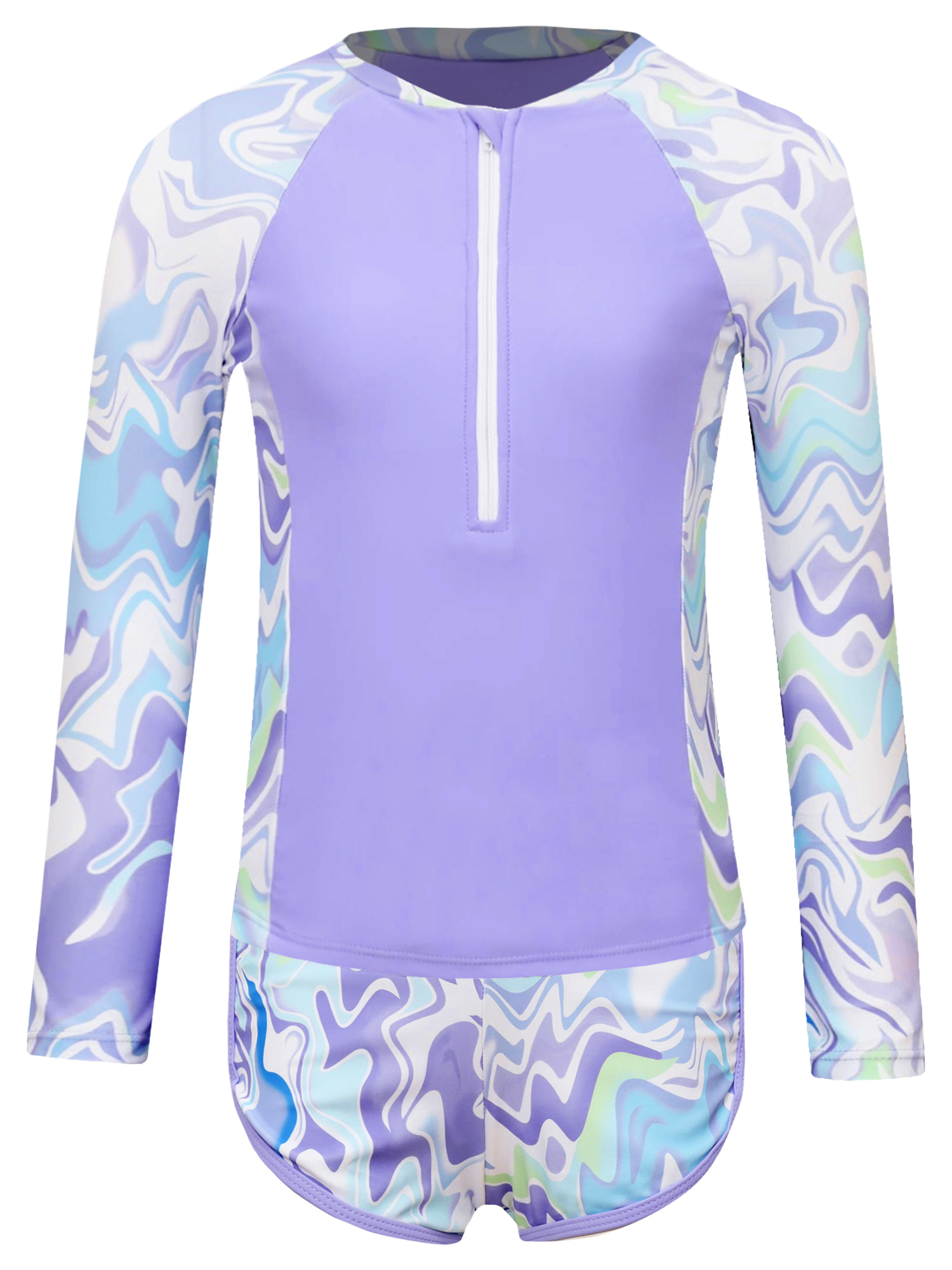 Jizyo Kids Girls 2Pcs Rash Guard Long Sleeve Zipper Wave Striped Printed Swim Top with Shorts Bathing Suit Lavender 8Y