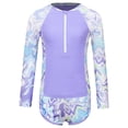 thumbnail image 1 of Jizyo Kids Girls 2Pcs Rash Guard Long Sleeve Zipper Wave Striped Printed Swim Top with Shorts Bathing Suit Lavender 8Y, 1 of 7