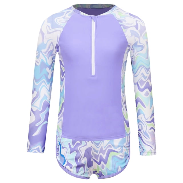 Jizyo Kids Girls 2Pcs Rash Guard Long Sleeve Zipper Wave Striped Printed Swim Top with Shorts Bathing Suit Lavender 8Y